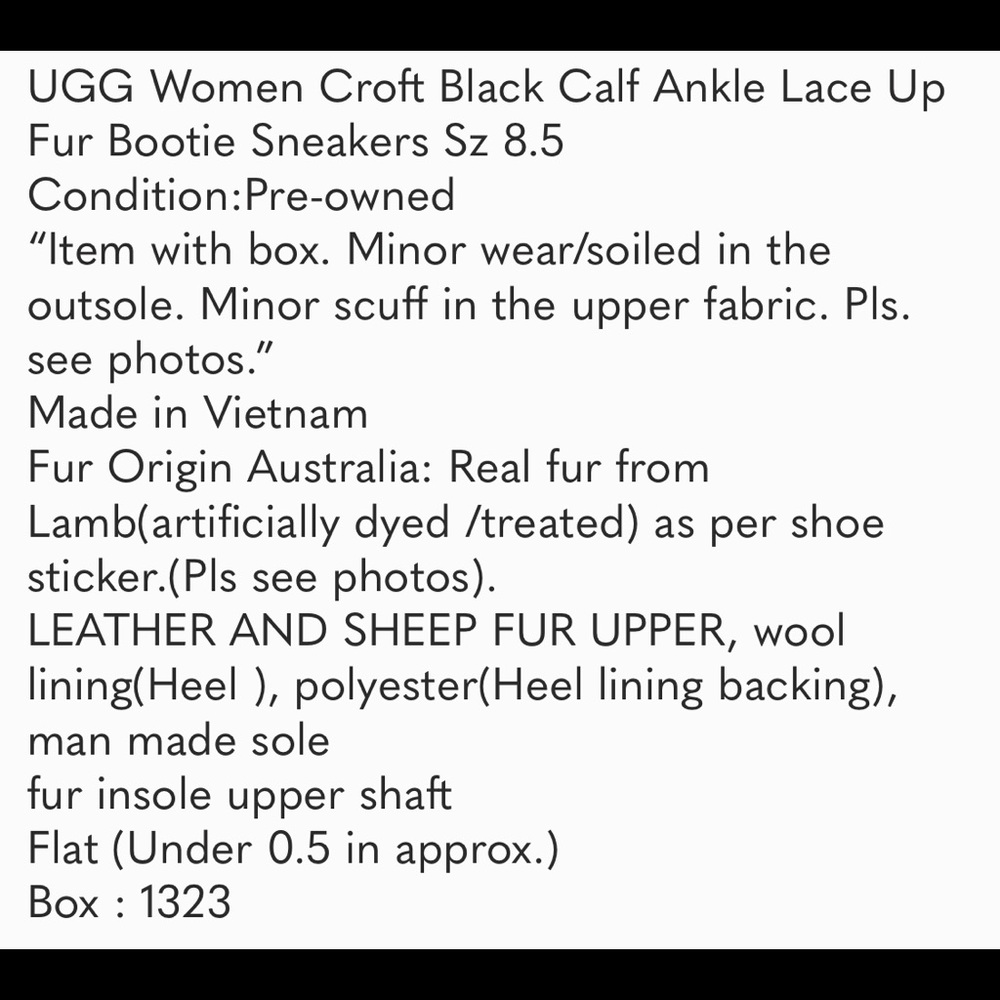 UGG Croft Black Calf Ankle Lace Up Fur Bootie 8.5 - Picture 8 of 8